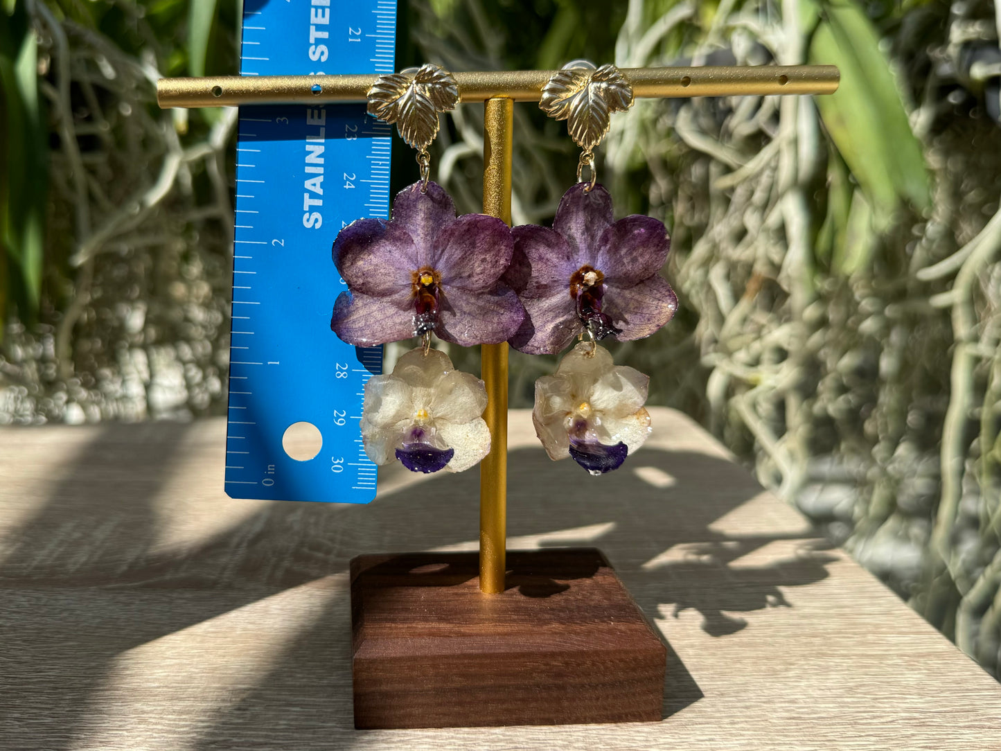 White & Purple Vanda orchid mini tiered earrings