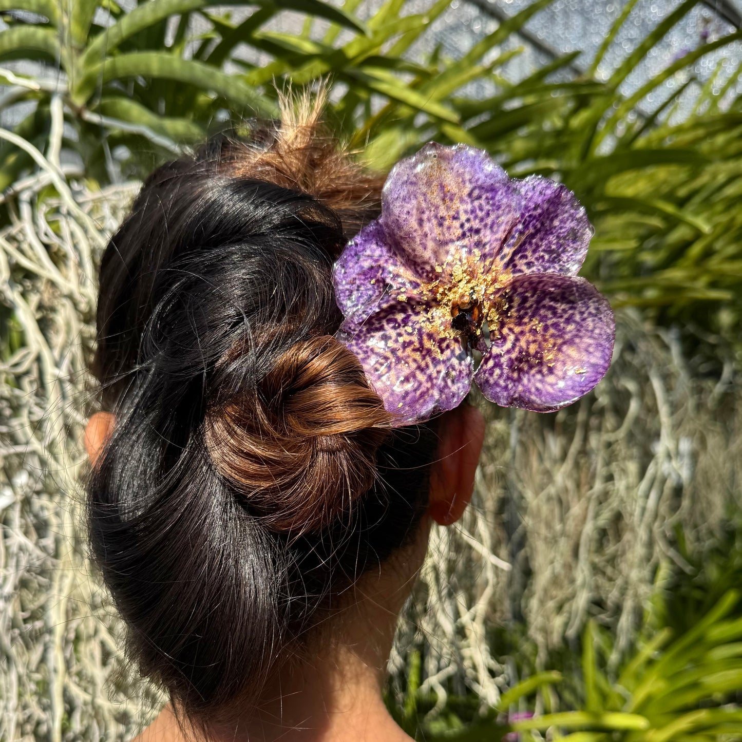 Gold Speckled Purple Vanda Orchid French Hairpin