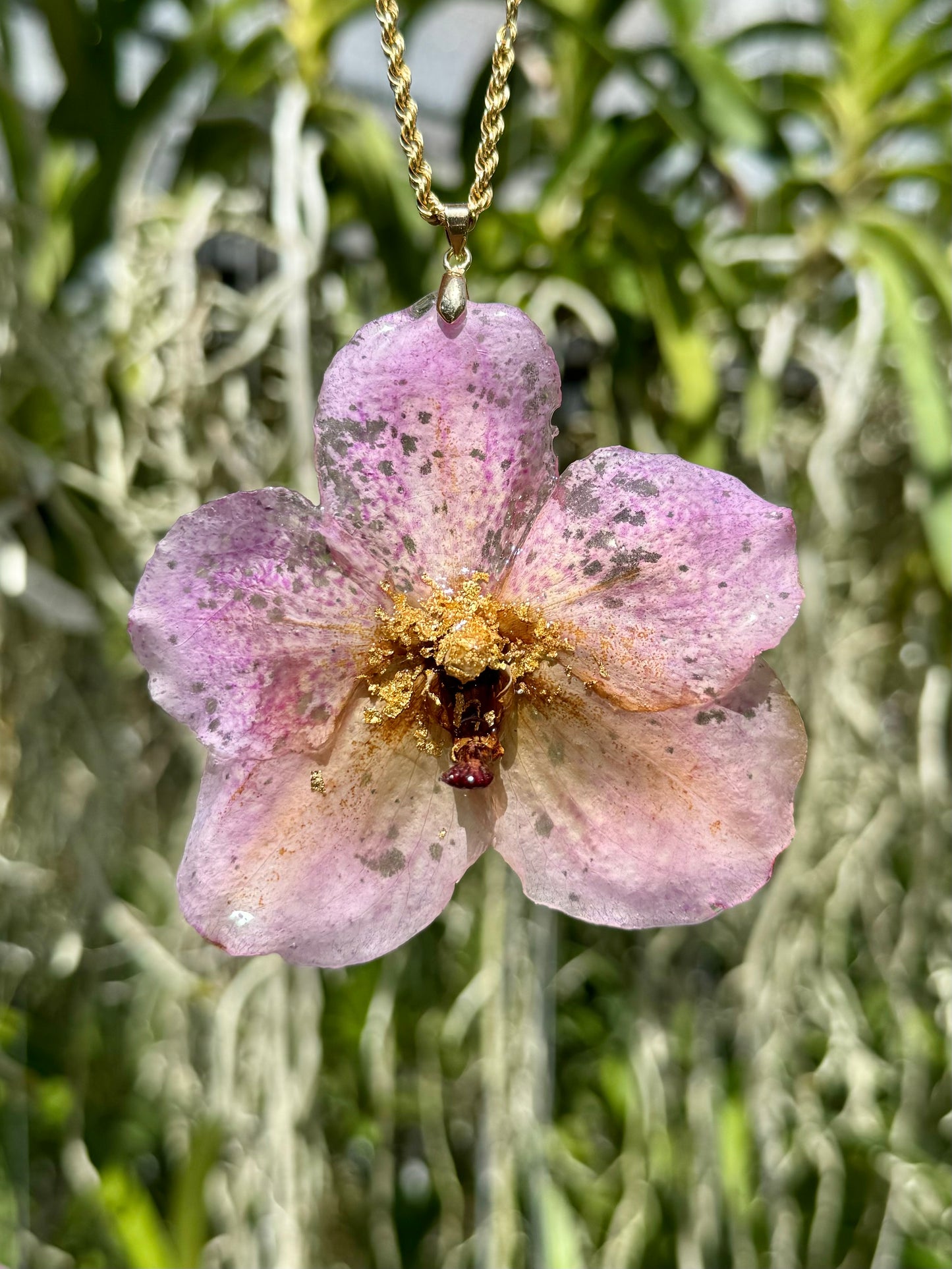 Baby Pink gold speckled Vanda Orchid Pendant