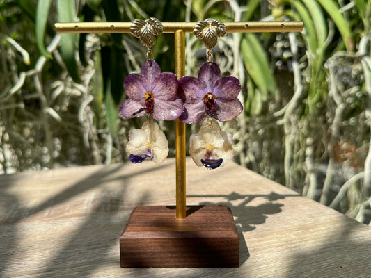 White & Purple Vanda orchid mini tiered earrings