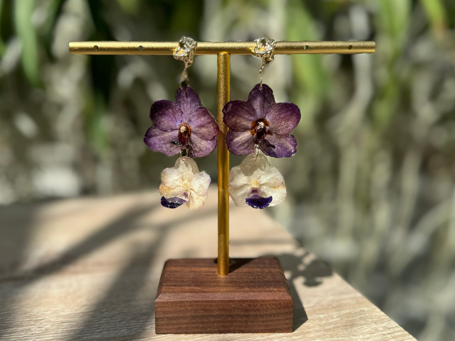 White & Purple Vanda orchid mini tiered earrings
