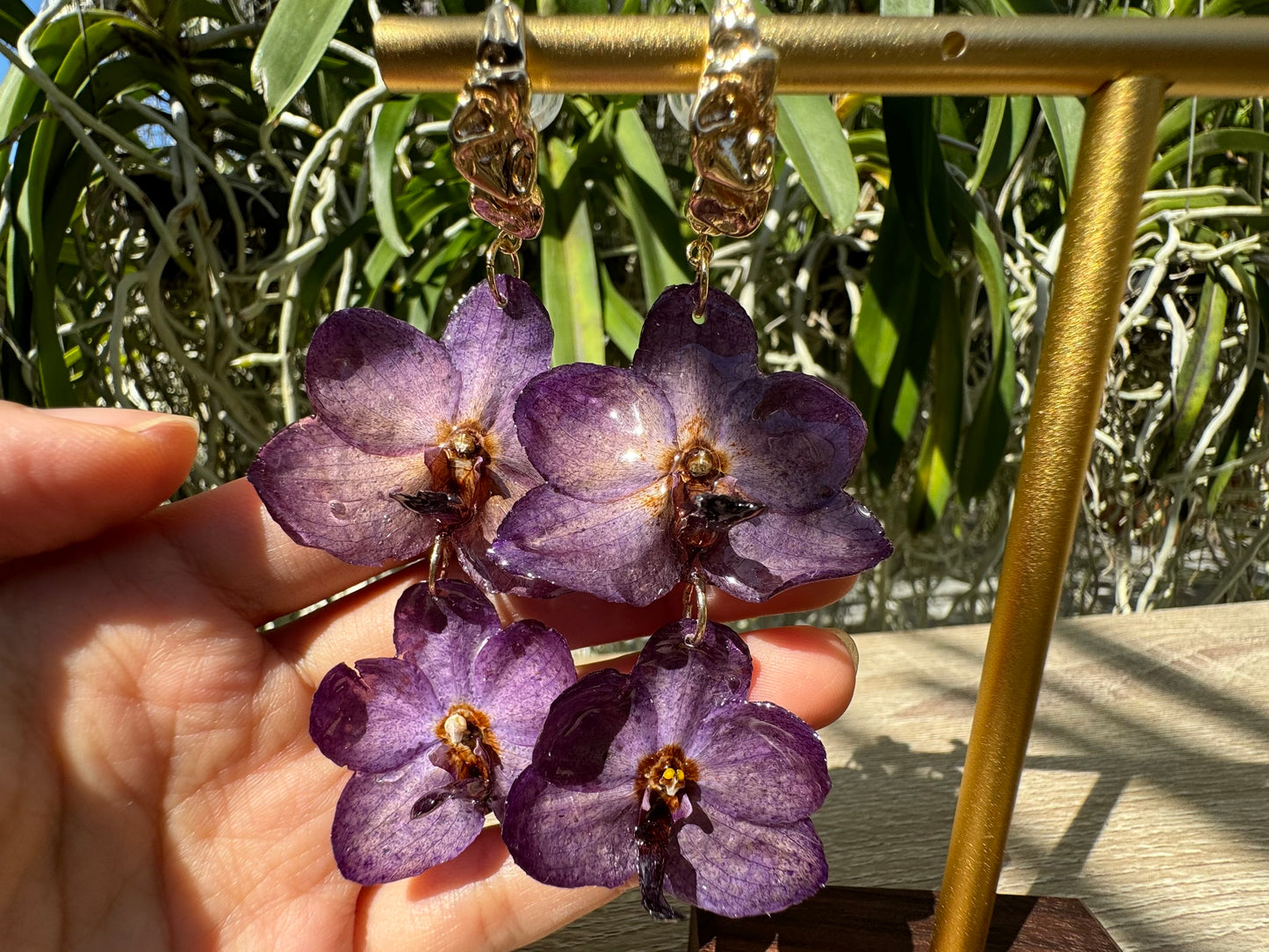 Purple Vanda orchid mini tiered earrings