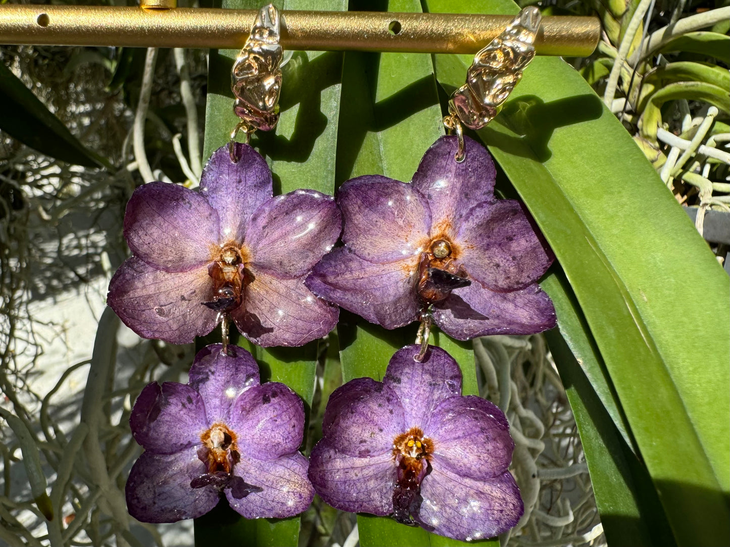 Purple Vanda orchid mini tiered earrings