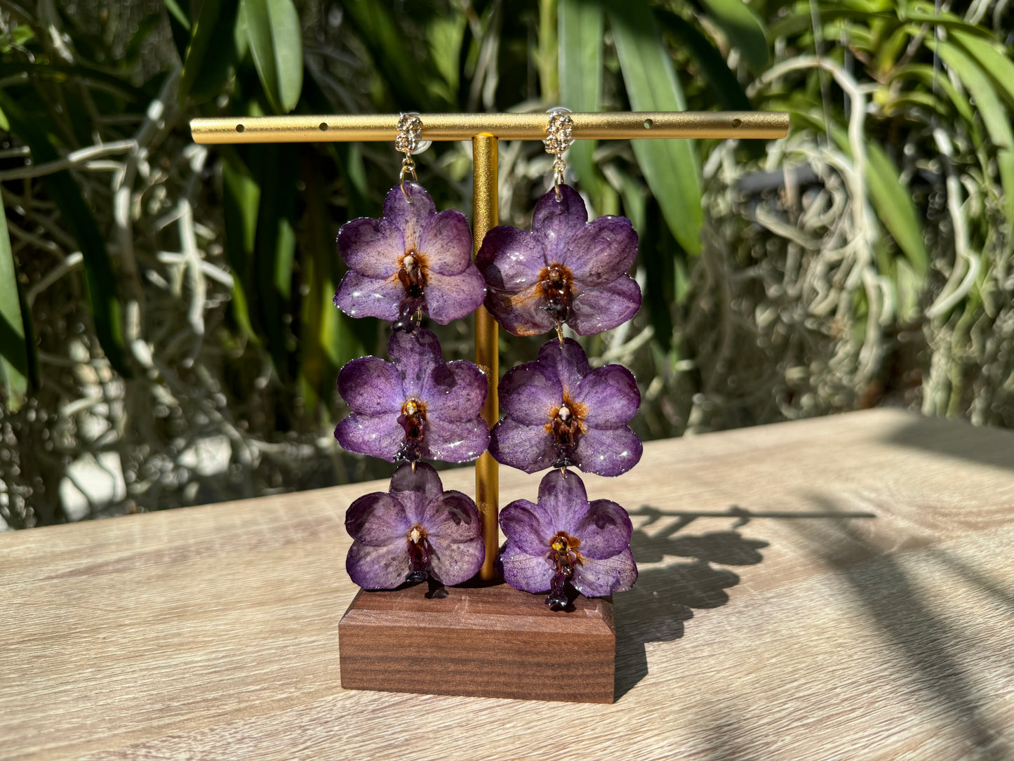 Purple Vanda orchid mini tiered earrings