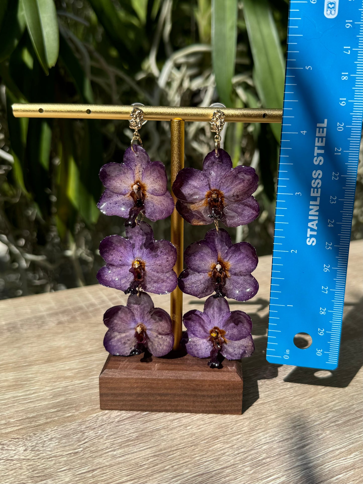Purple Vanda orchid mini tiered earrings