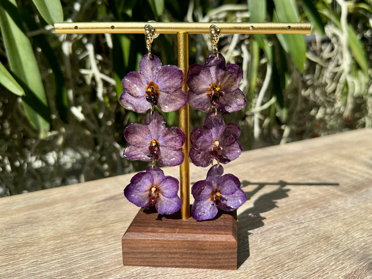 Purple Vanda orchid mini tiered earrings