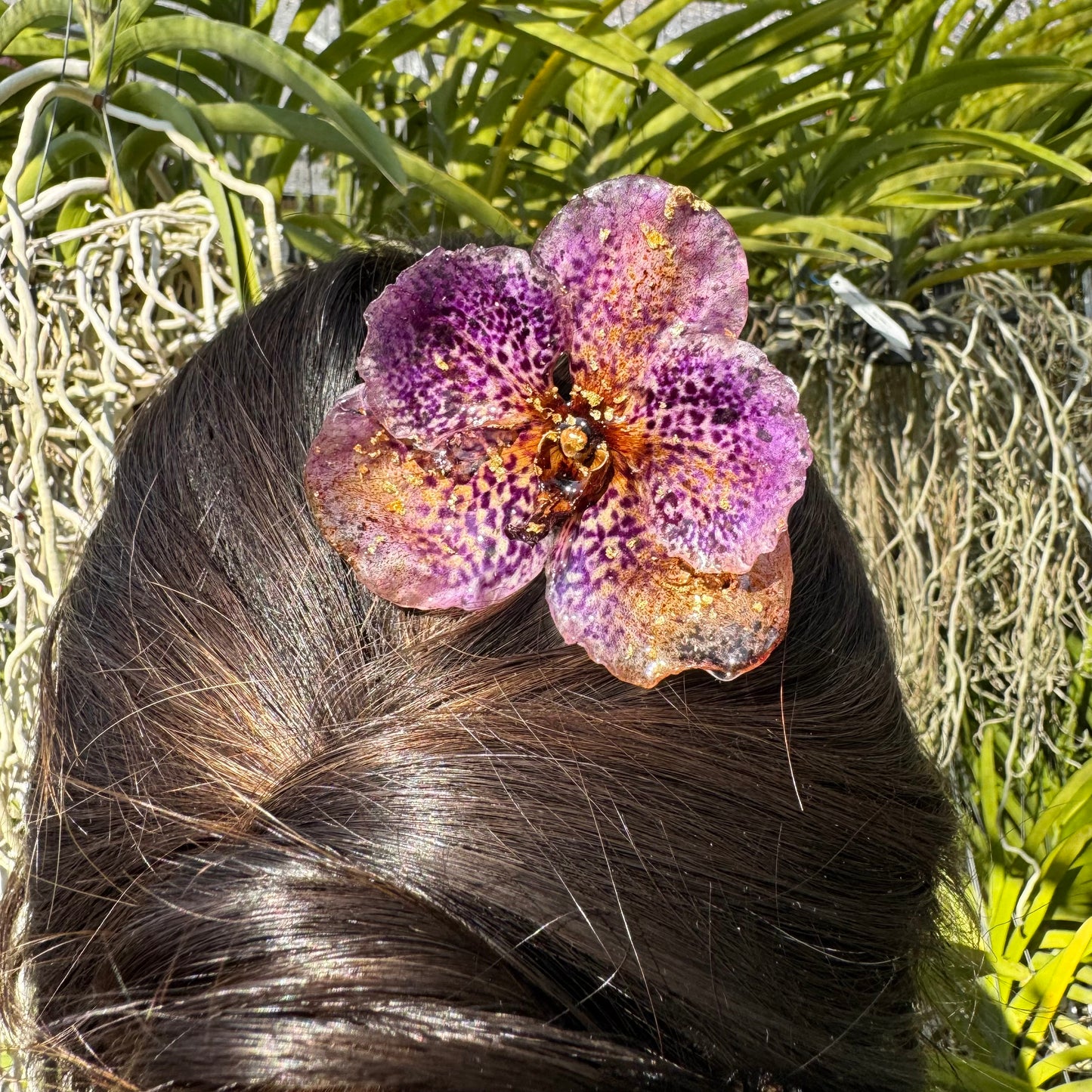 Gold Speckled Purple Vanda Orchid Hairpin