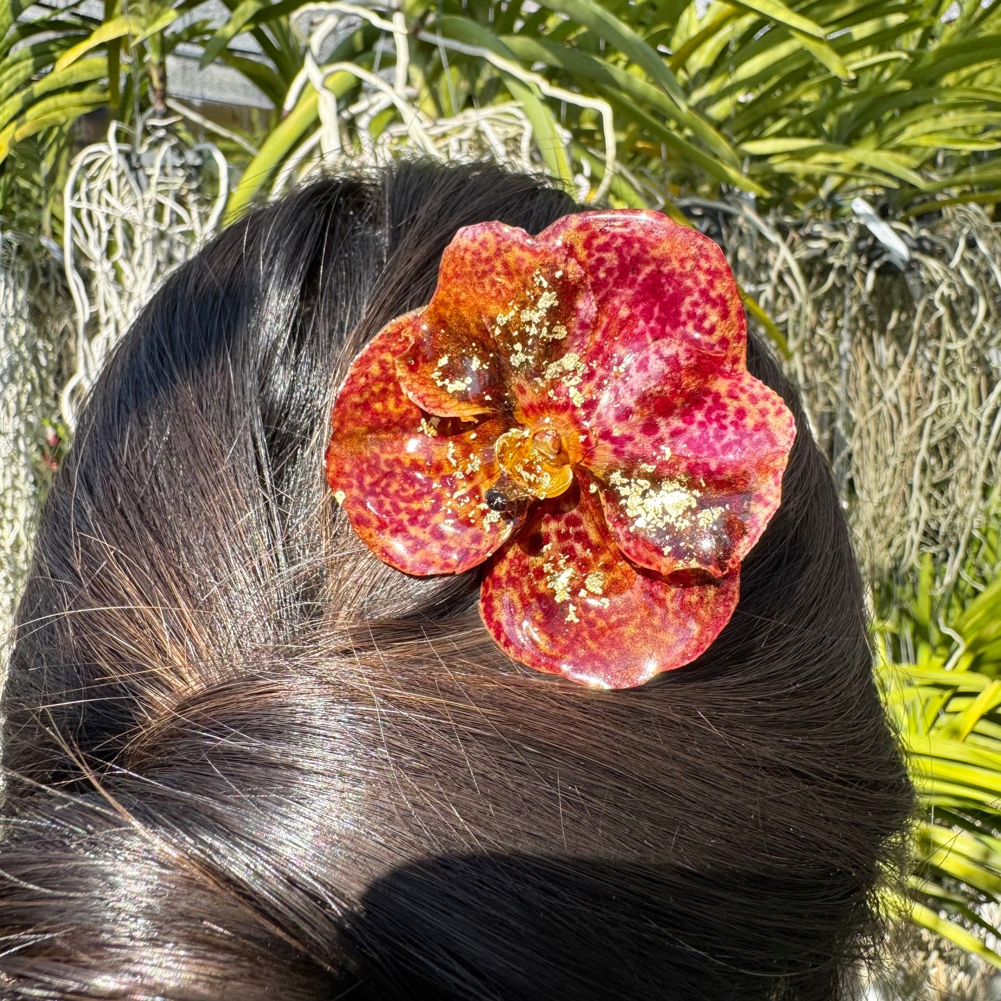 Gold Speckled Red Vanda Orchid Hairpin