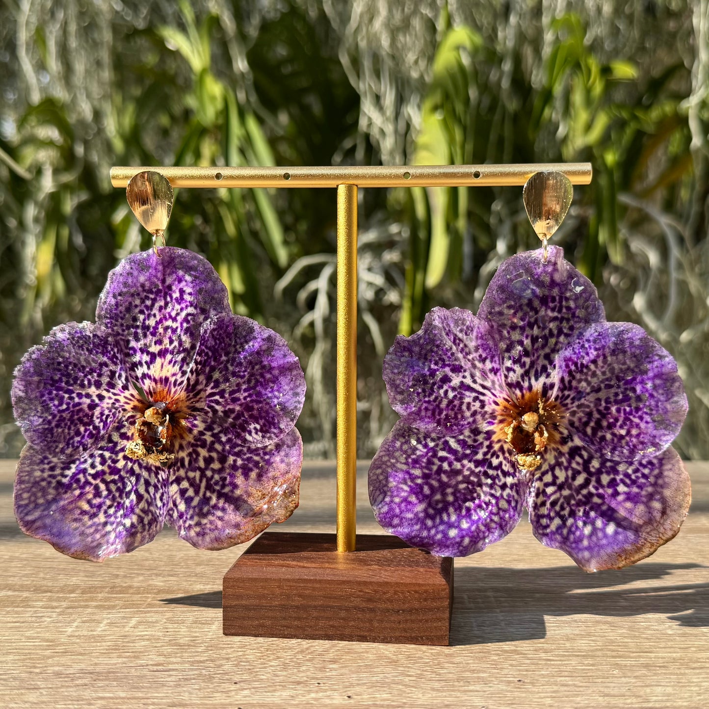 Gold Speckled Purple Vanda Orchid earrings