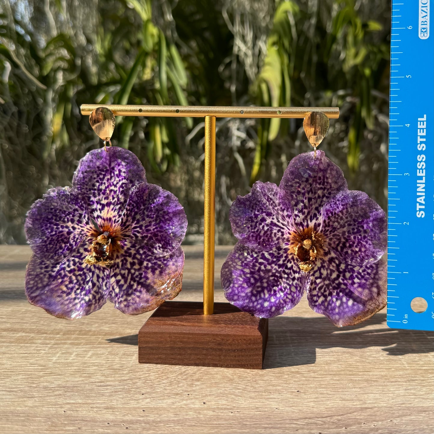 Gold Speckled Purple Vanda Orchid earrings