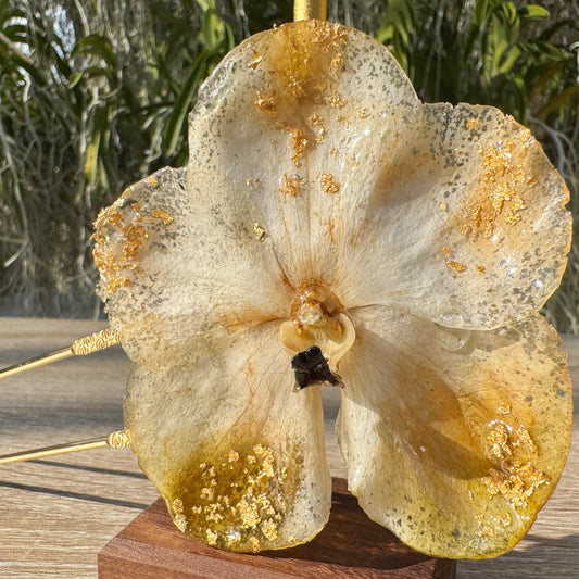 Gold Speckled White Vanda Orchid French Hairpin