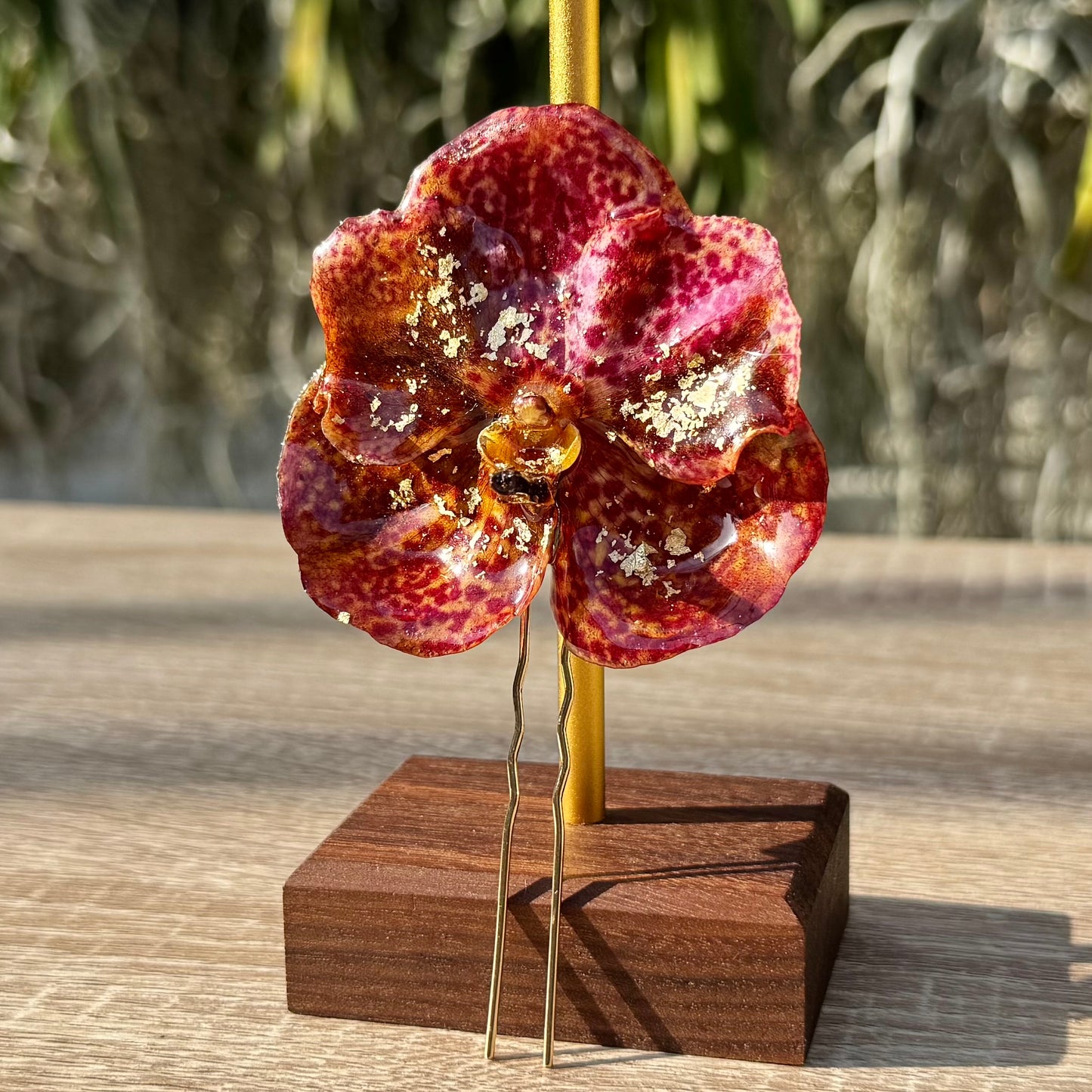Gold Speckled Red Vanda Orchid Hairpin