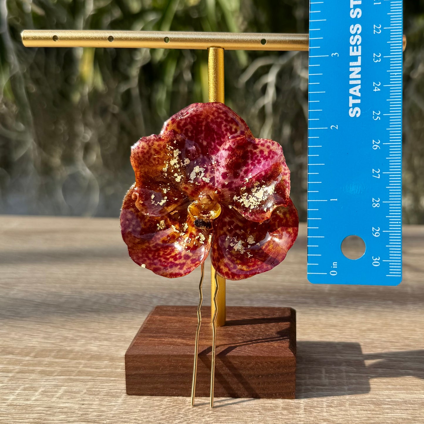 Gold Speckled Red Vanda Orchid Hairpin