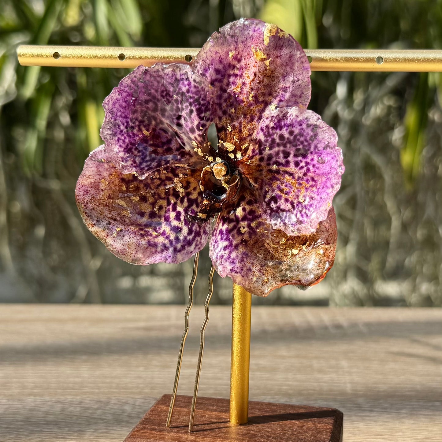 Gold Speckled Purple Vanda Orchid Hairpin