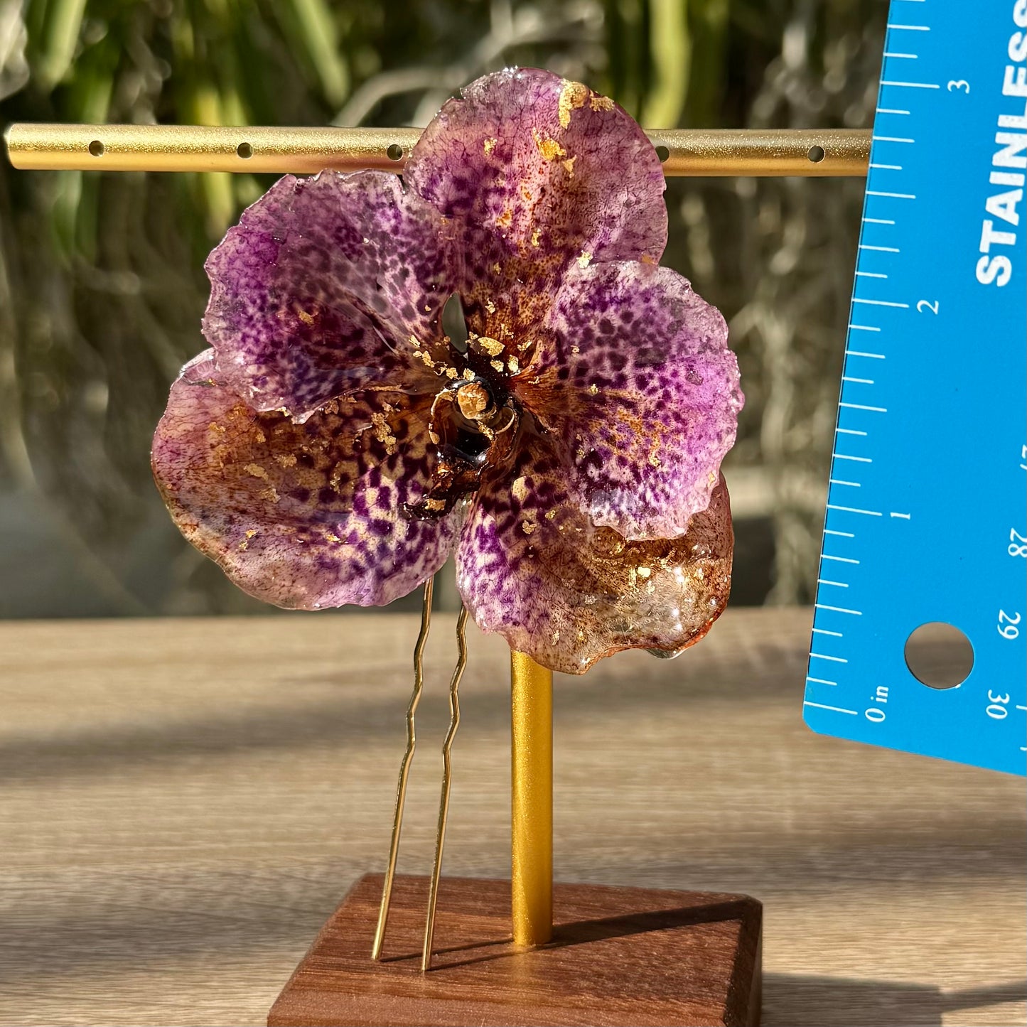 Gold Speckled Purple Vanda Orchid Hairpin